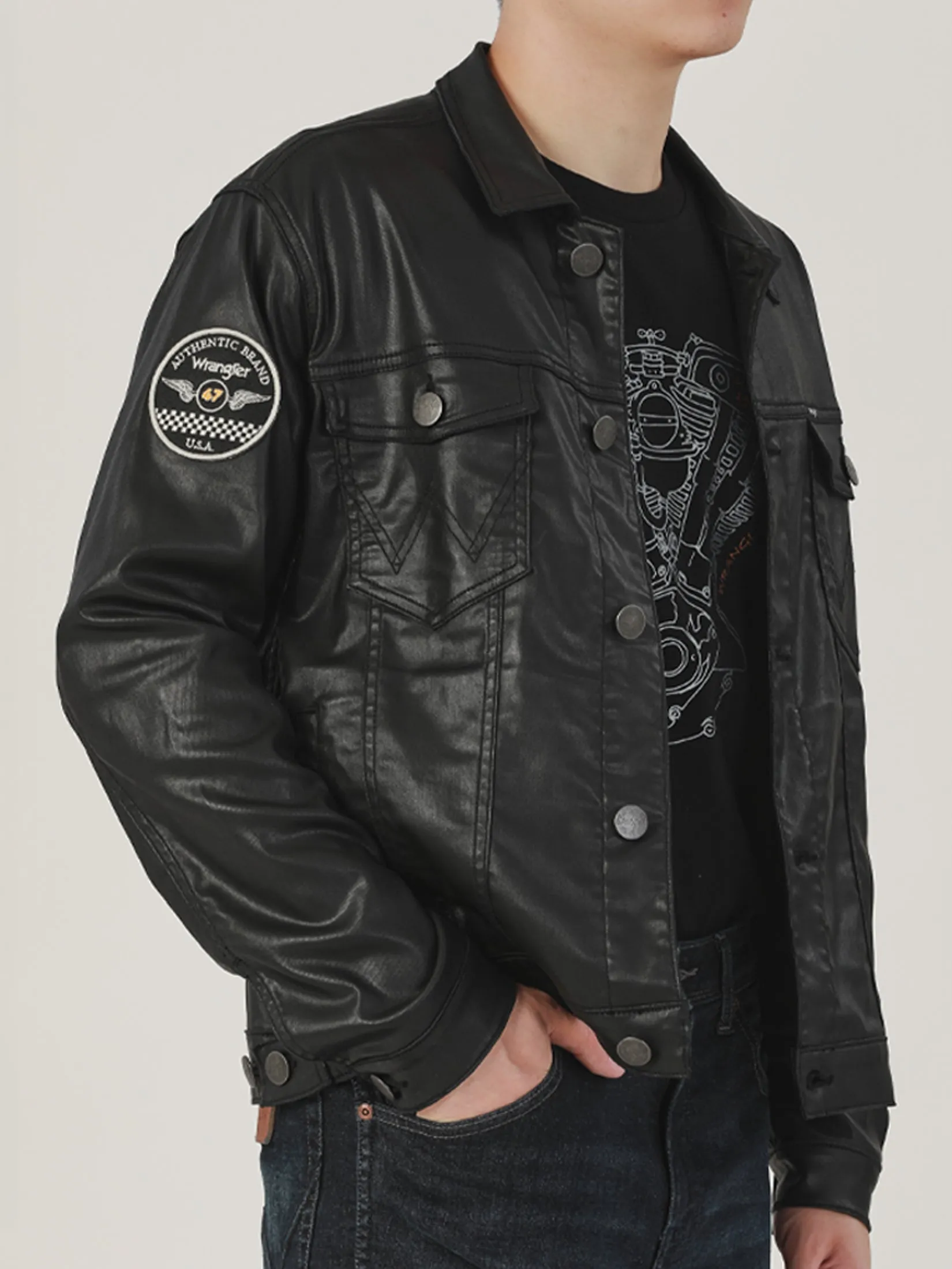 เสื้อแจ็คเก็ตผู้ชาย คอลเลคชั่น BIKER ทรงตรง สีดำ