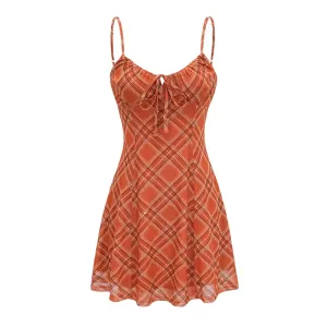- women's summer orange plaid suspender dress GEU1287