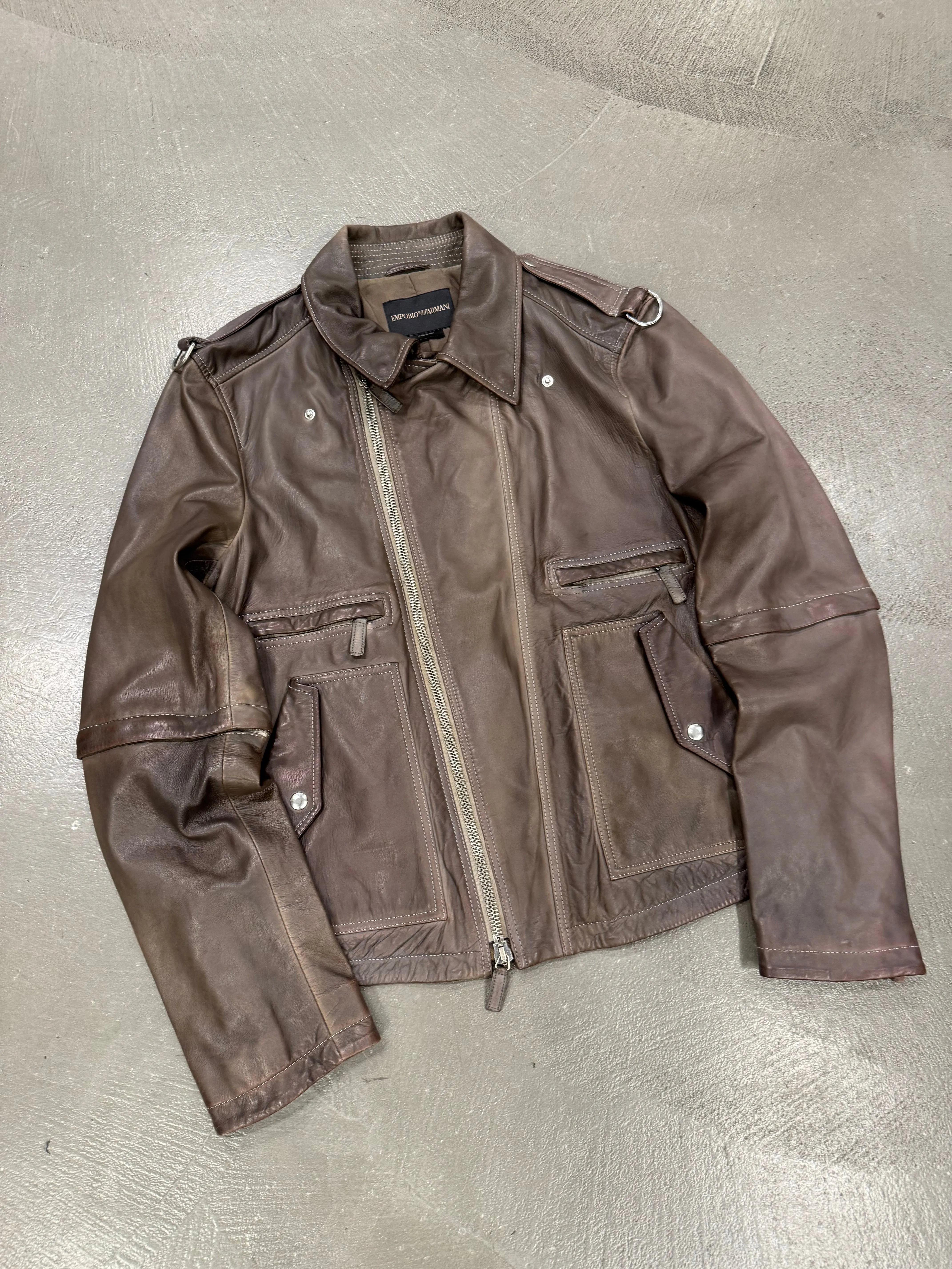 2010s Emporio Armani sample modular asymmetrical biker leather jacket