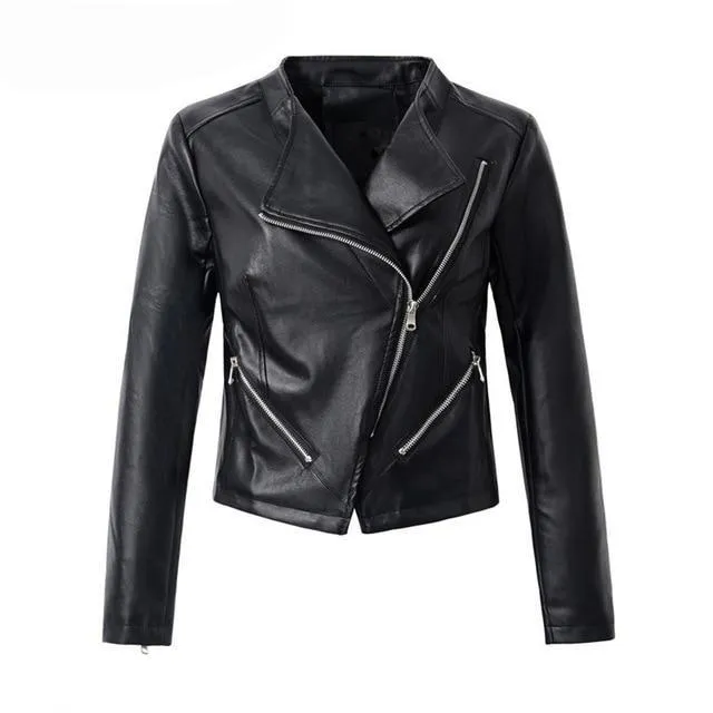 Aelegantmis Casual PU Leather Jacket Women Classic Zipper Short Motorcycle Jackets Lady Autumn Winter Basic Leather Coat Black