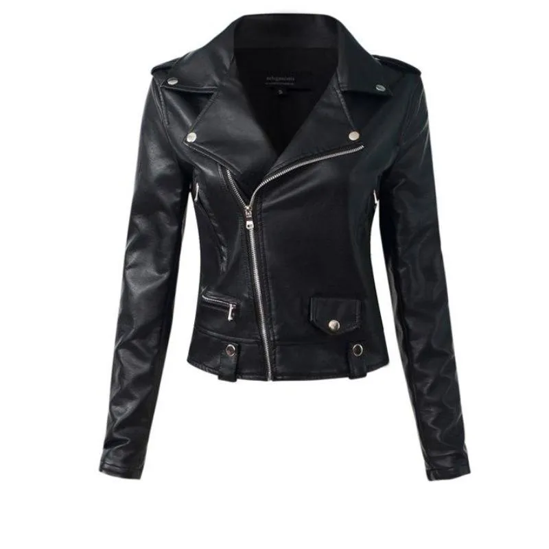 Aelegantmis Casual PU Leather Jacket Women Classic Zipper Short Motorcycle Jackets Lady Autumn Winter Basic Leather Coat Black