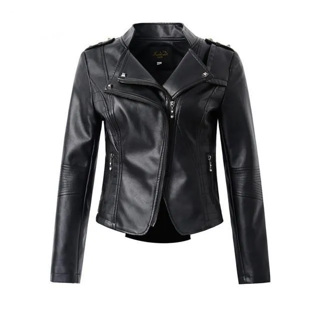 Aelegantmis Casual PU Leather Jacket Women Classic Zipper Short Motorcycle Jackets Lady Autumn Winter Basic Leather Coat Black