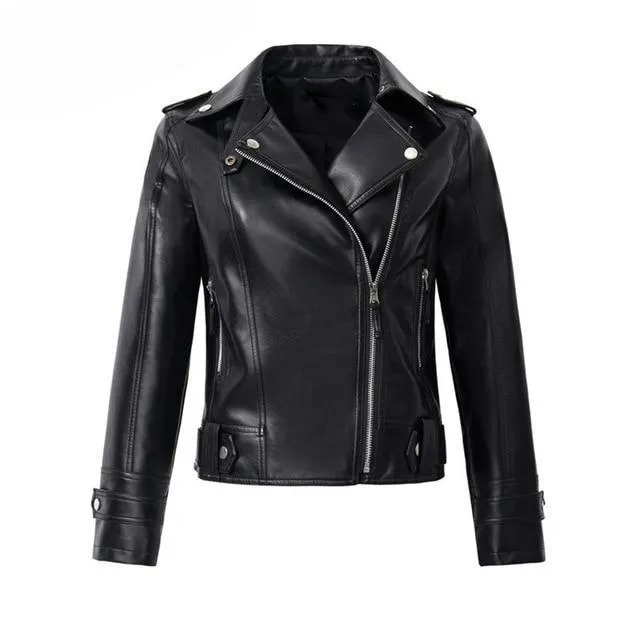 Aelegantmis Casual PU Leather Jacket Women Classic Zipper Short Motorcycle Jackets Lady Autumn Winter Basic Leather Coat Black