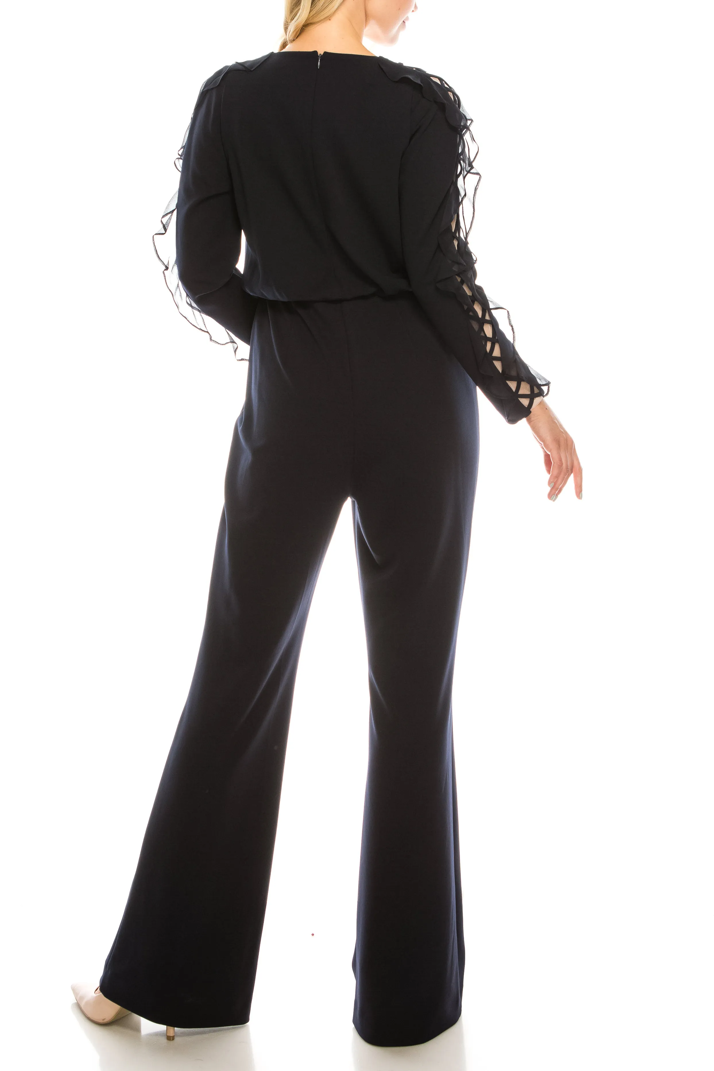 Aidan Mattox Cross Mesh Sleeve Evening Jumpsuit