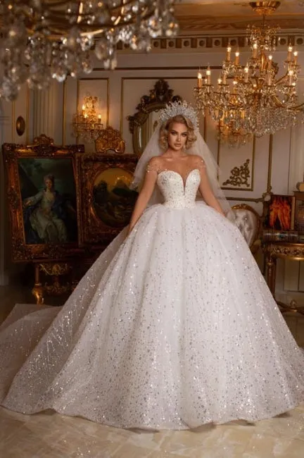 Ballbella Modern Sweetheart Sleeveless Ball Gown Wedding Dress With Glitter Off-the-shoulder