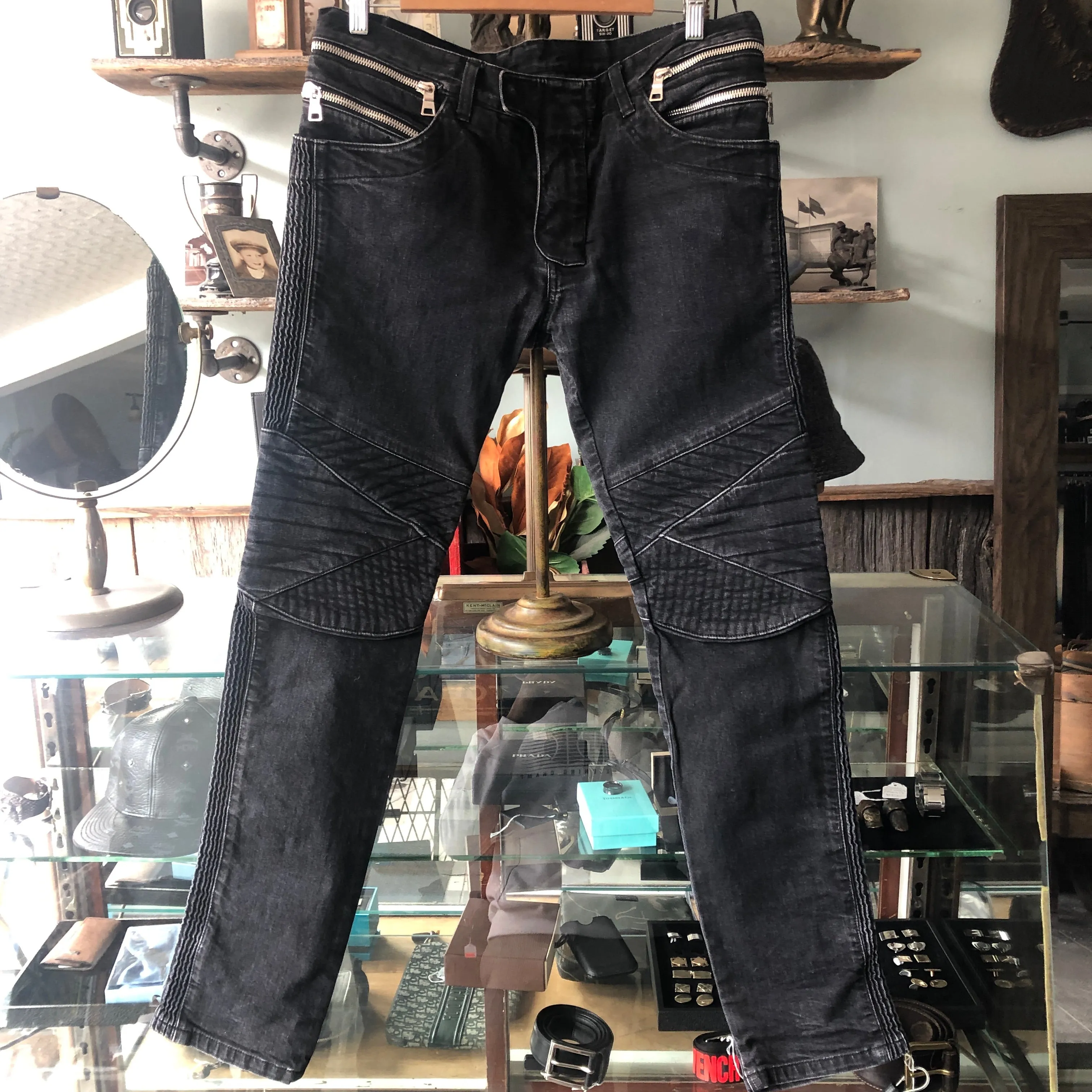 Balmain Black Slim Biker Ribbed Denim Jeans - 34