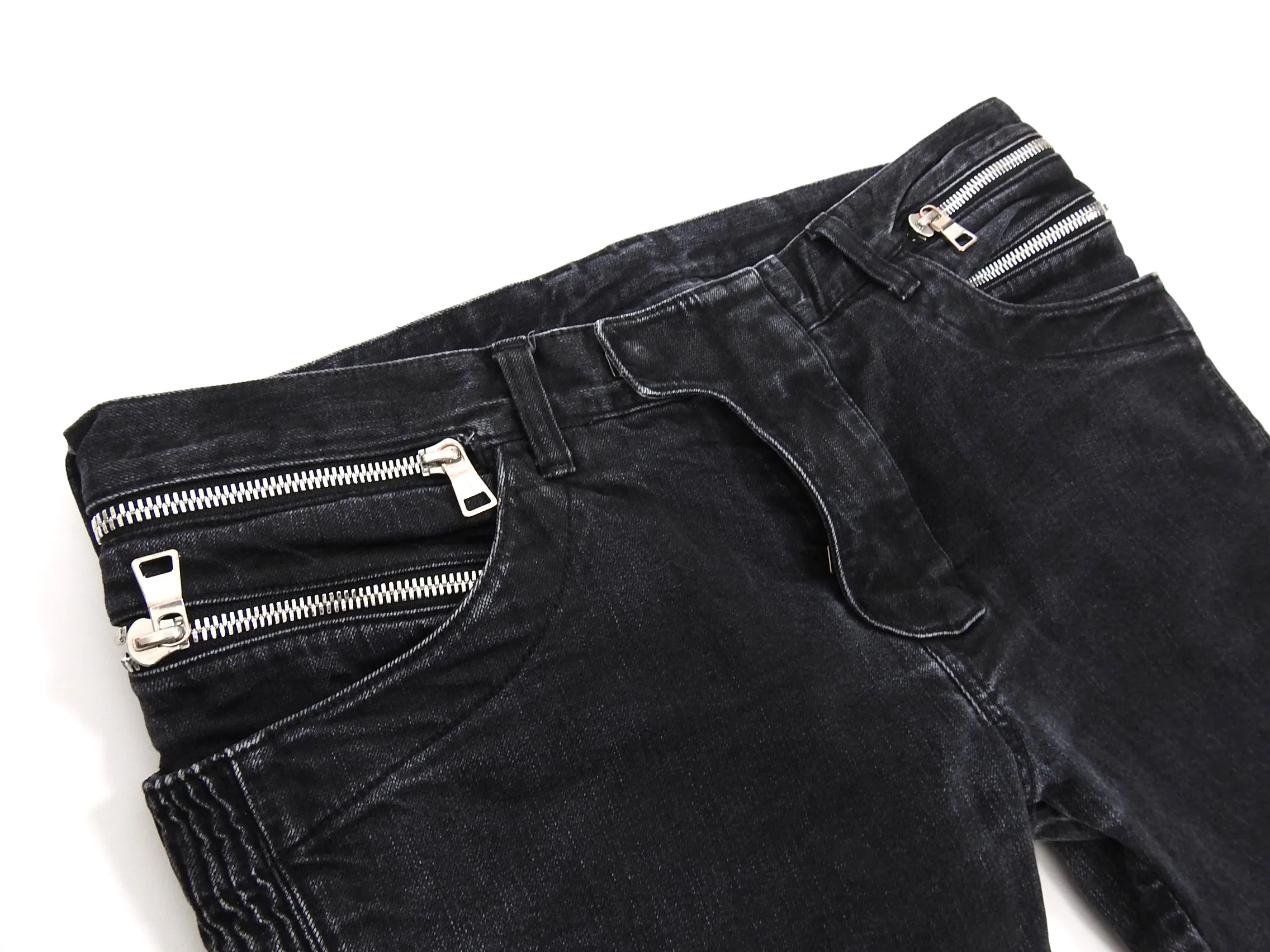 Balmain Black Slim Biker Ribbed Denim Jeans - 34