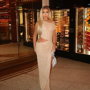 Beige Cutout Off-Shoulder Maxi Dress