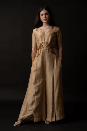 Beige Silk Embroidered Jumpsuit