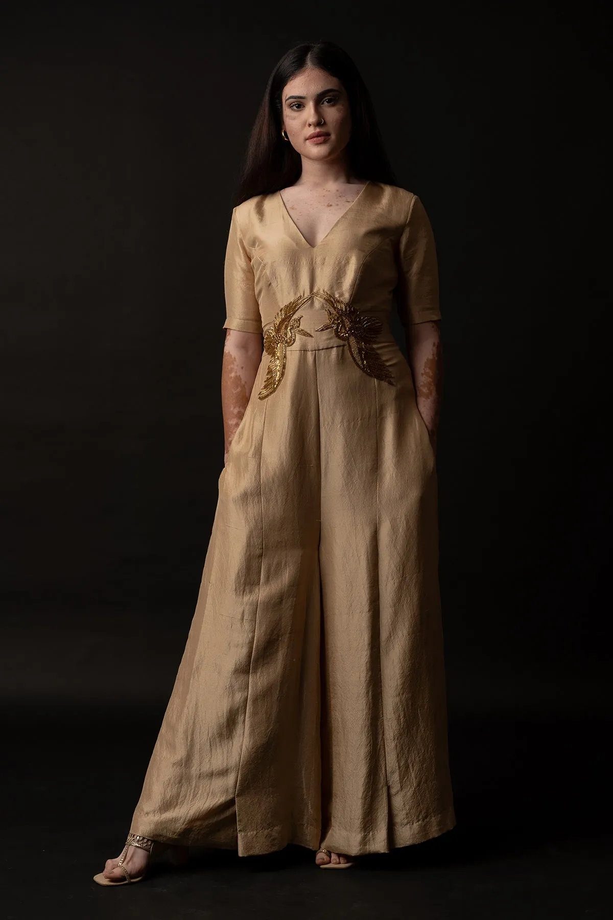 Beige Silk Embroidered Jumpsuit