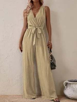 Beige Sleeveless Jumpsuit With Tie Up