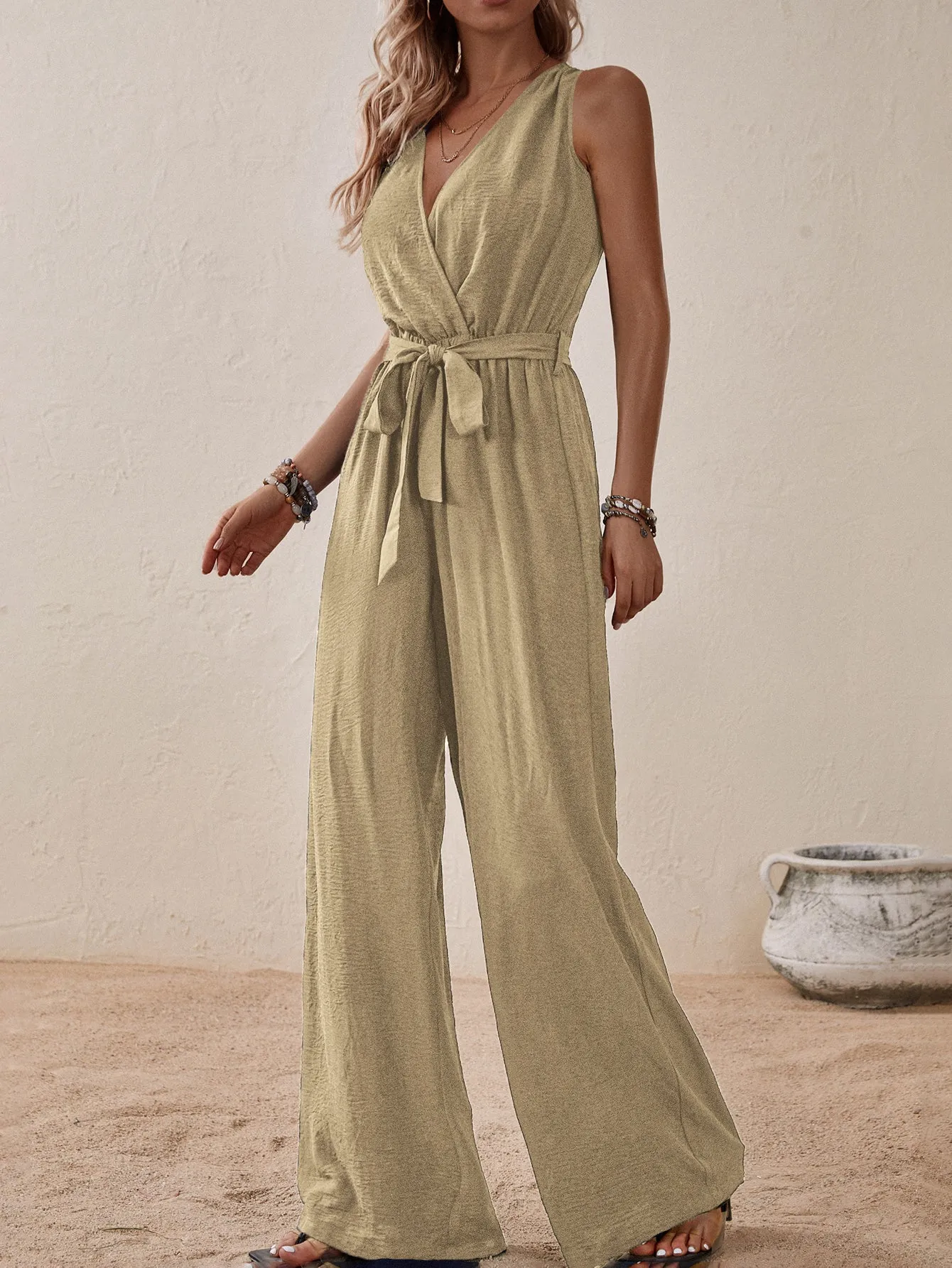 Beige Sleeveless Jumpsuit With Tie Up