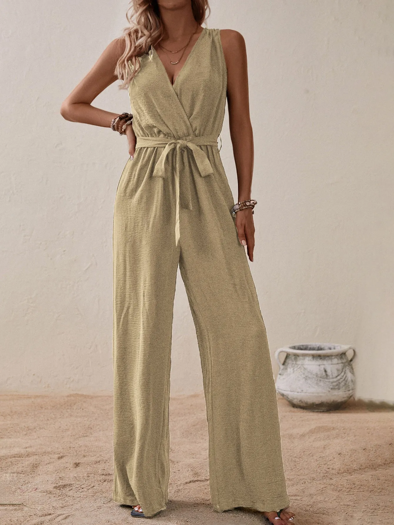 Beige Sleeveless Jumpsuit With Tie Up
