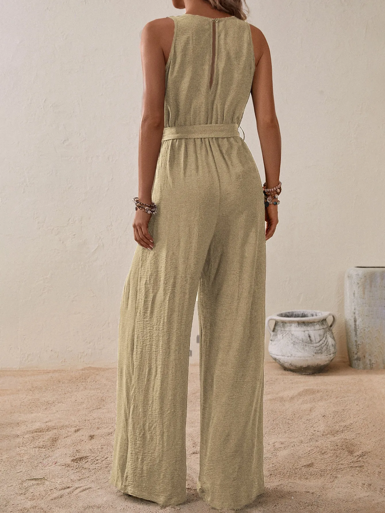 Beige Sleeveless Jumpsuit With Tie Up