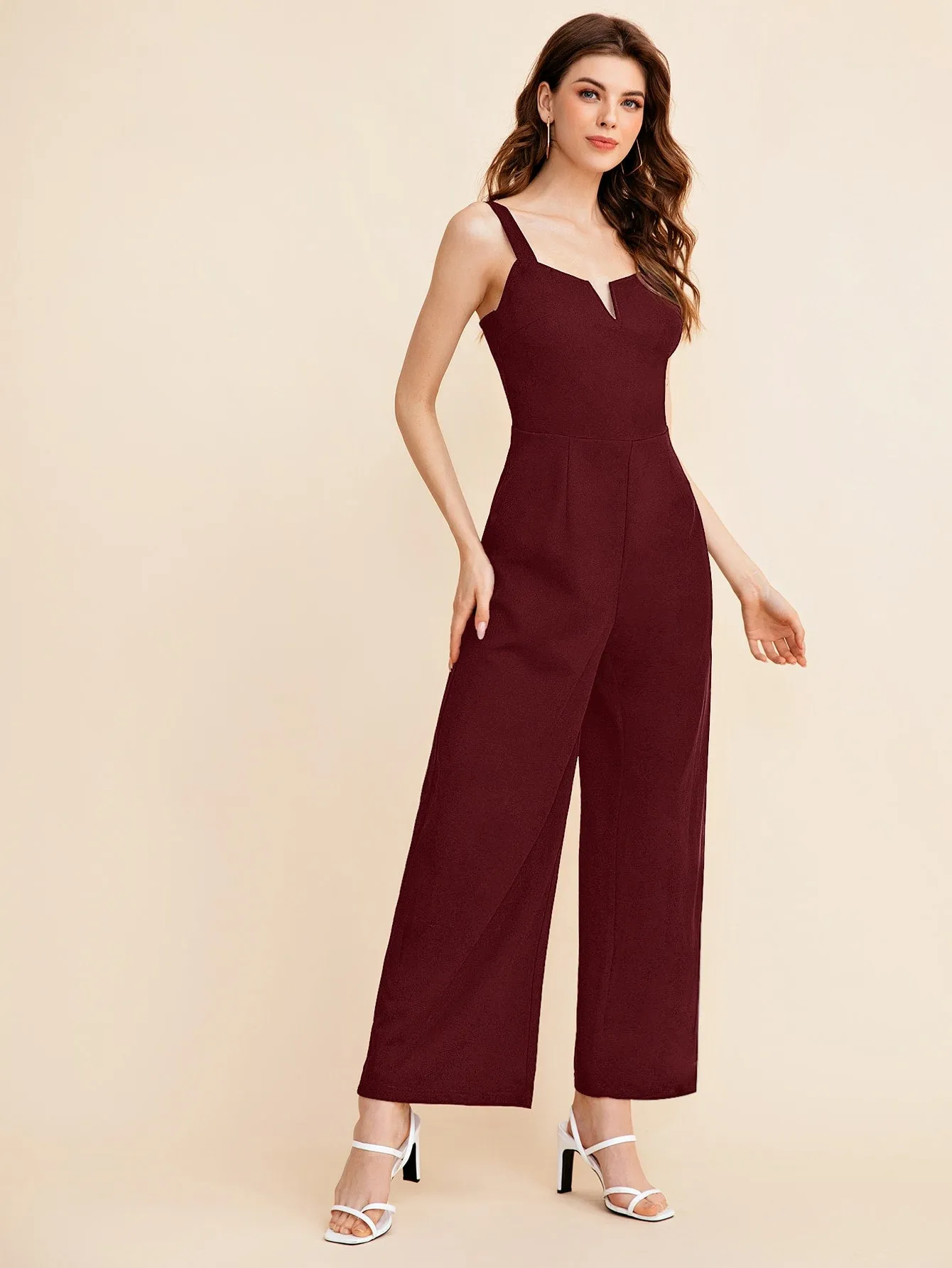 BIZwear Notch Neck Solid Slip Jumpsuit Workwear