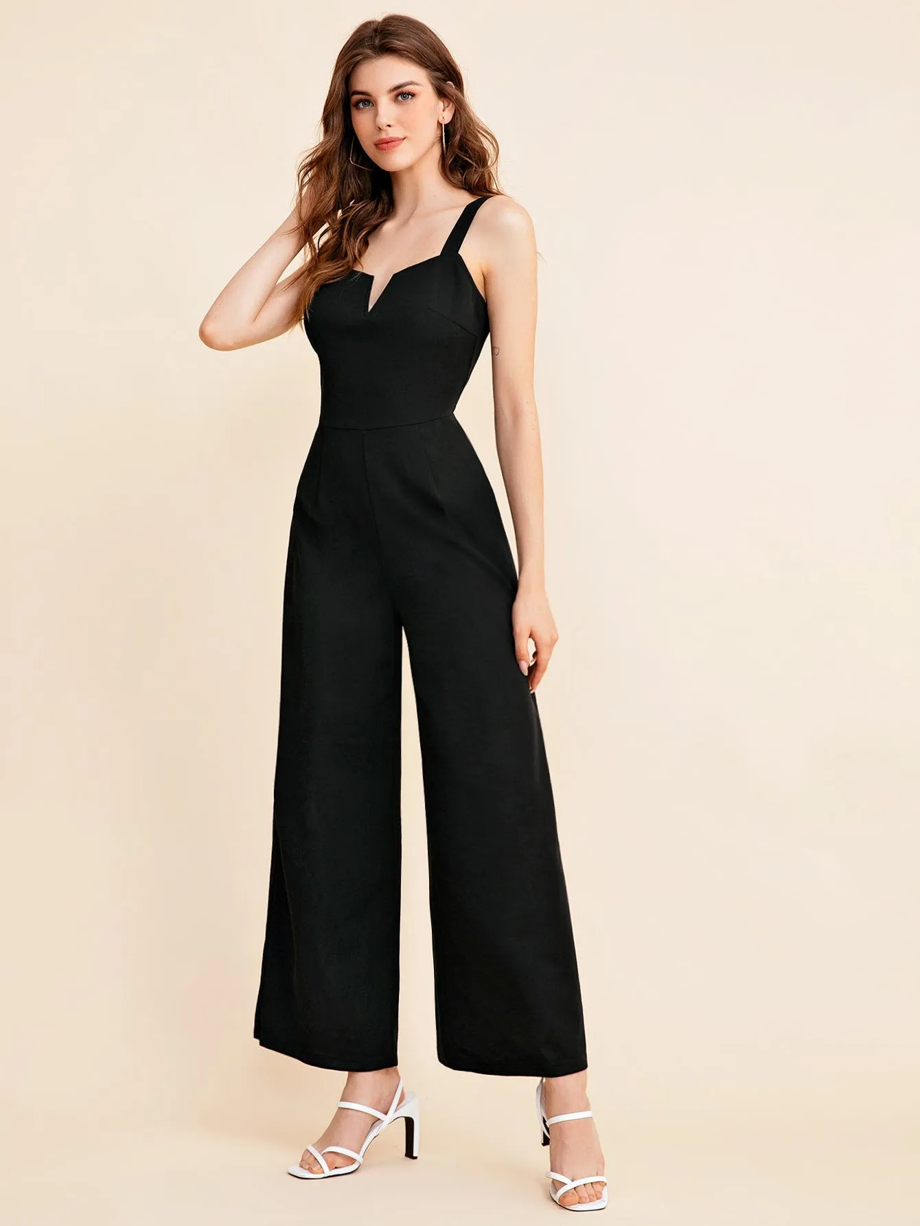BIZwear Notch Neck Solid Slip Jumpsuit Workwear