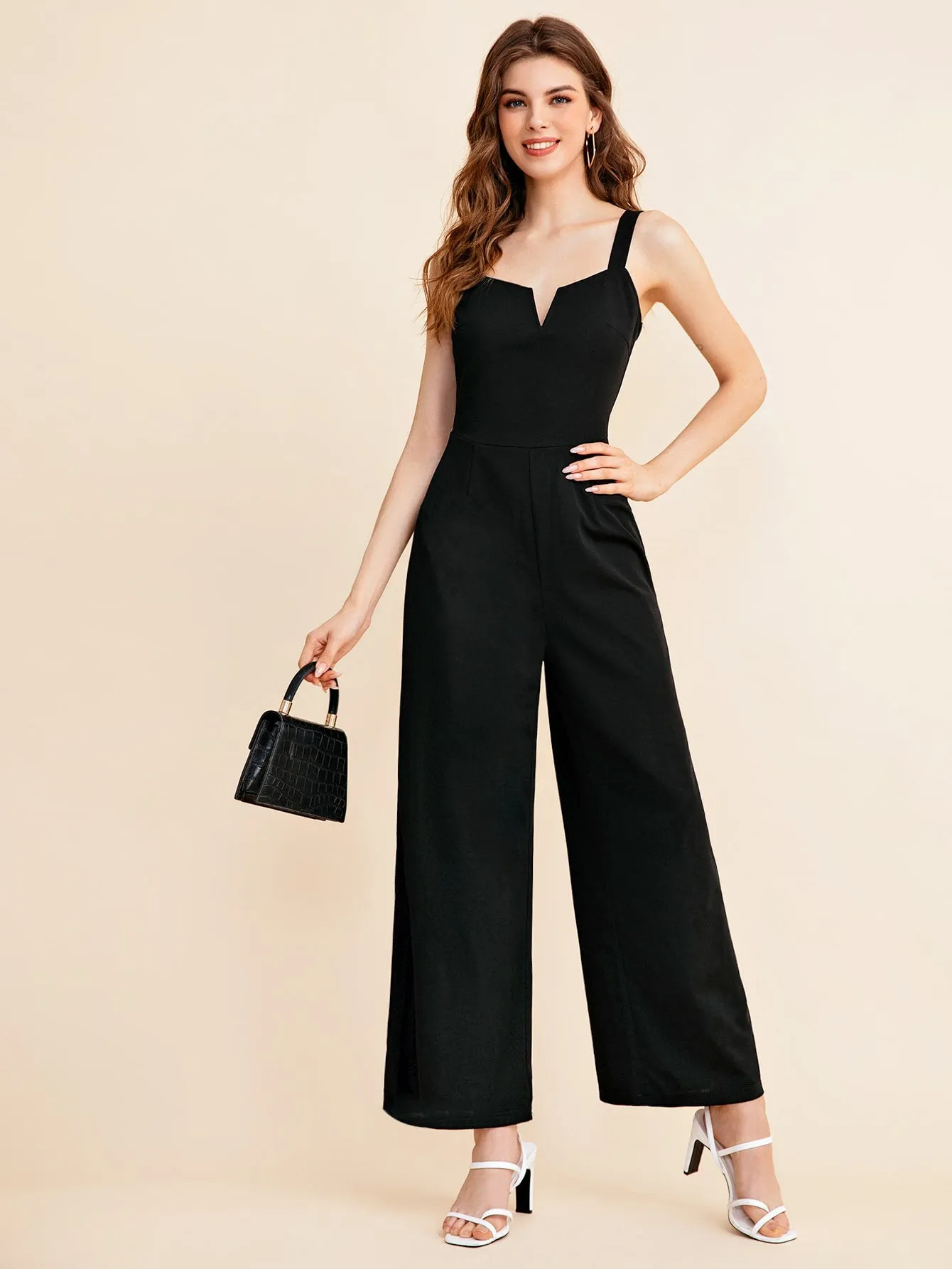 BIZwear Notch Neck Solid Slip Jumpsuit Workwear