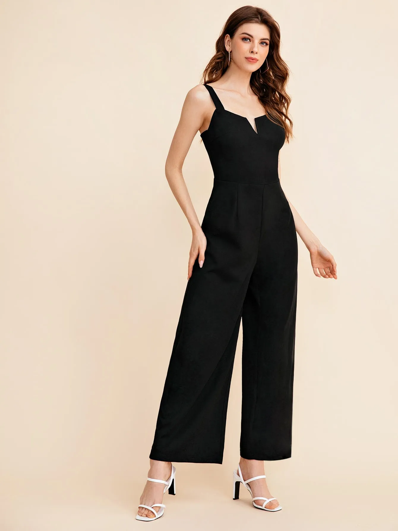BIZwear Notch Neck Solid Slip Jumpsuit Workwear