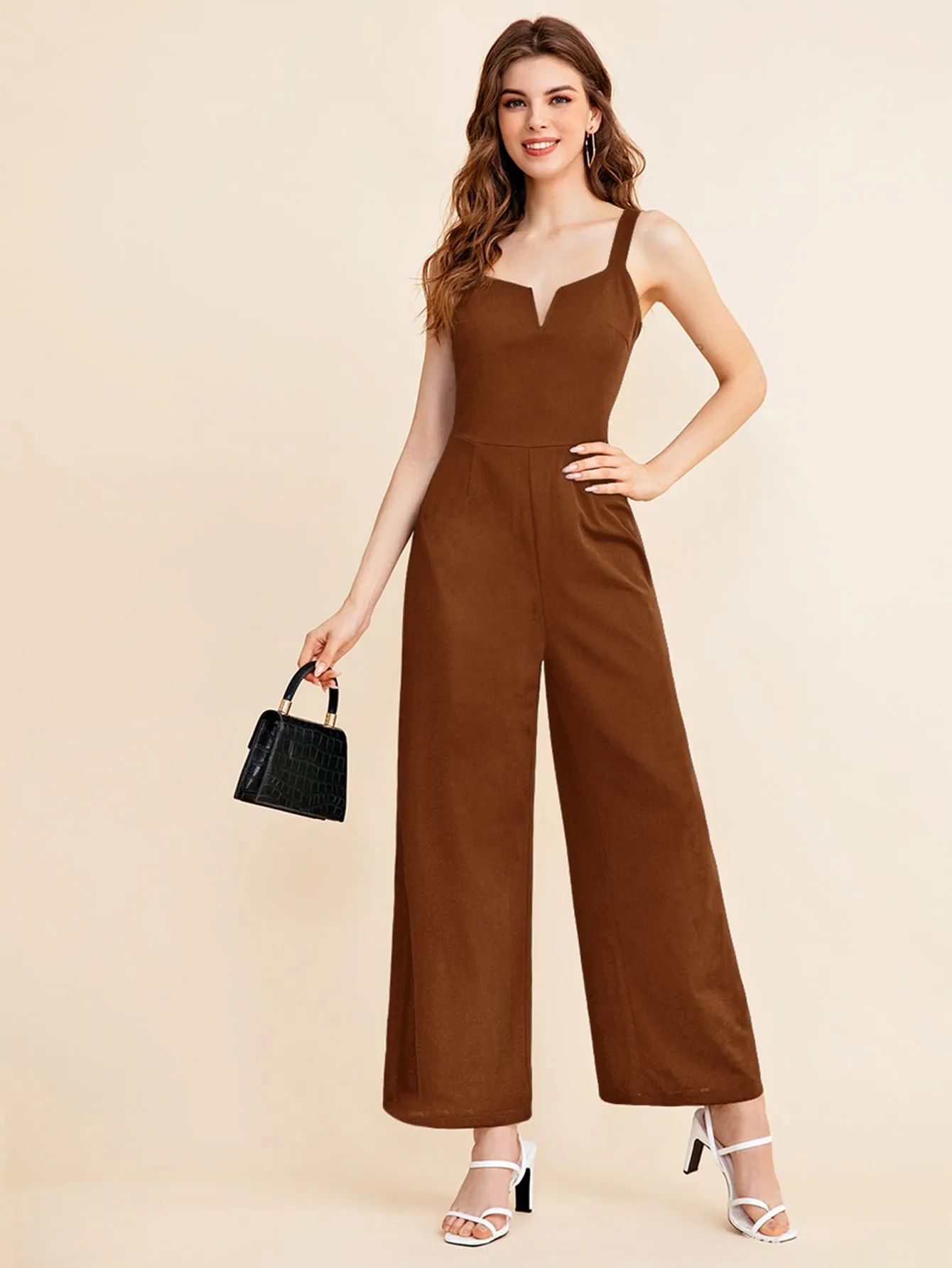 BIZwear Notch Neck Solid Slip Jumpsuit Workwear