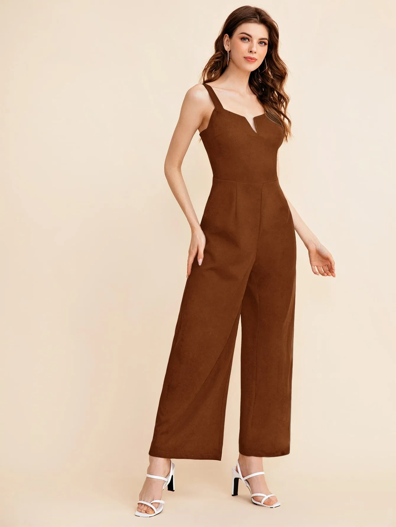 BIZwear Notch Neck Solid Slip Jumpsuit Workwear