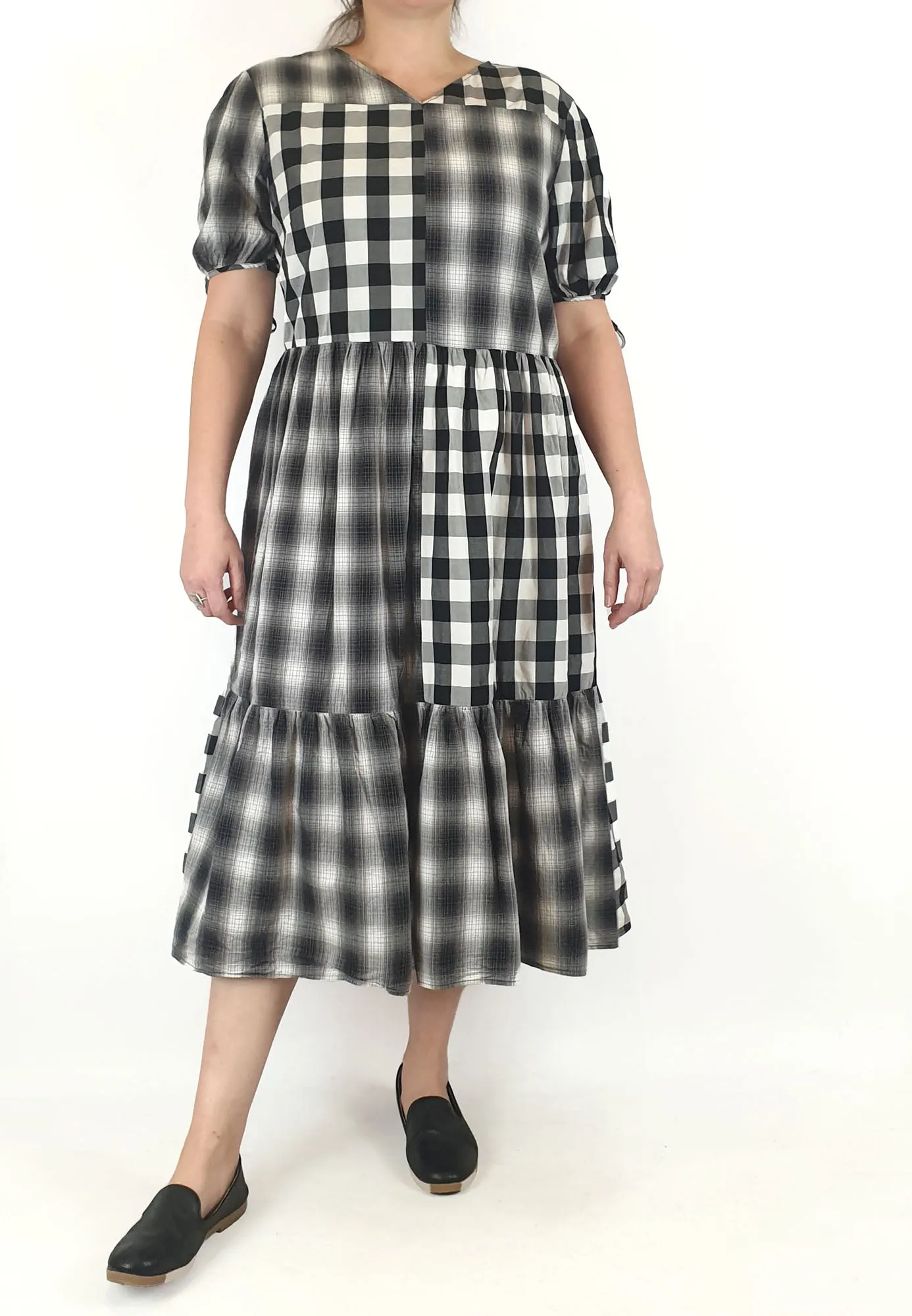 Black and white patchwork style handmade dress best fits 14