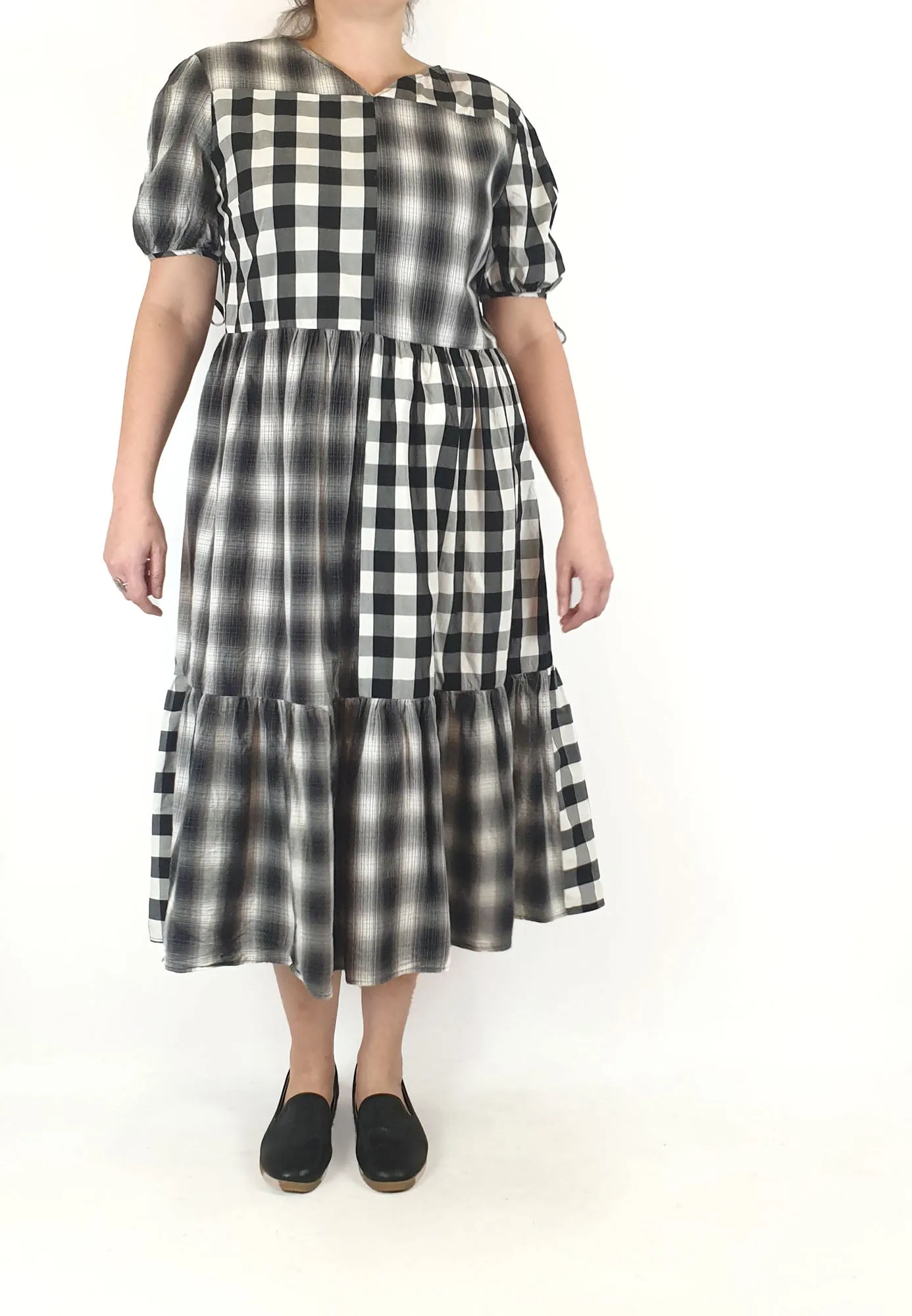 Black and white patchwork style handmade dress best fits 14