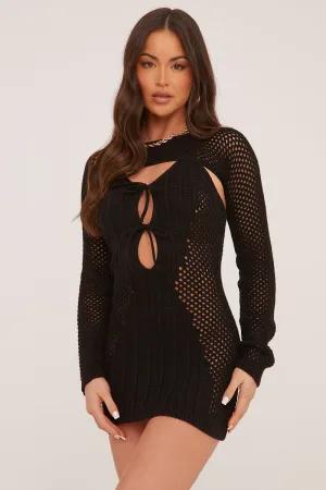 Black Crochet Tie Front Long Sleeve Mini Dress - Kylar