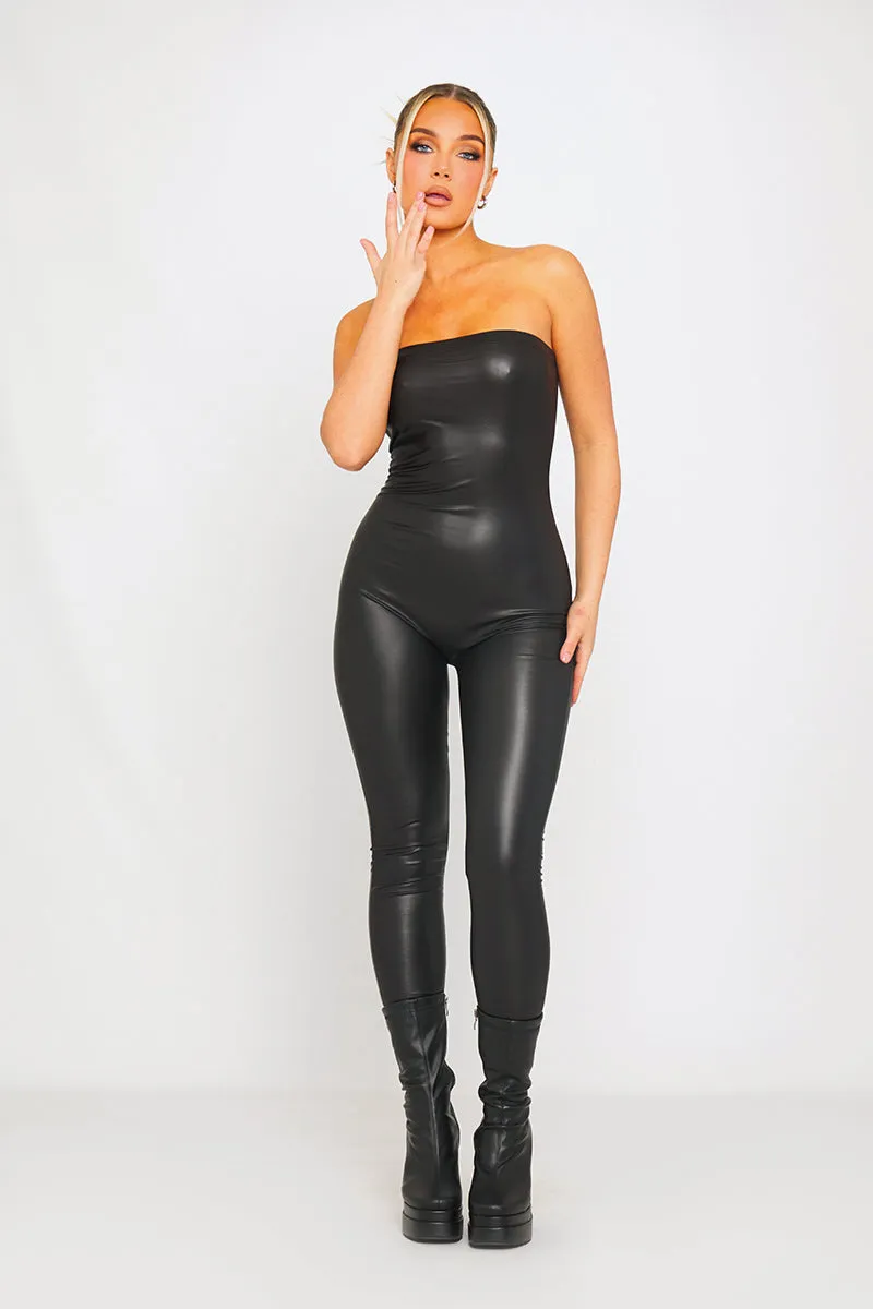 Black Faux Leather Bandeau Sleeveless Jumpsuit