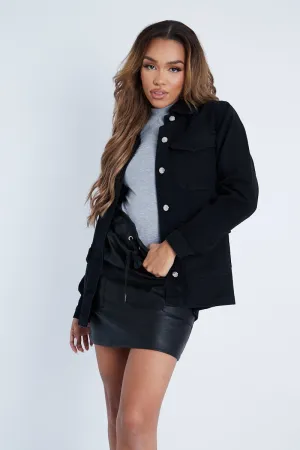 Black Front Pocket Full Length Denim Jacket - Jenna