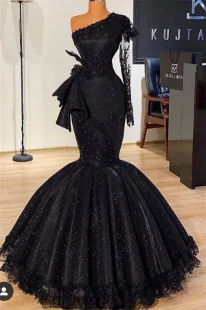Black Glitter Mermaid Prom Dress Long Sleeves Floral Lace Party Dress