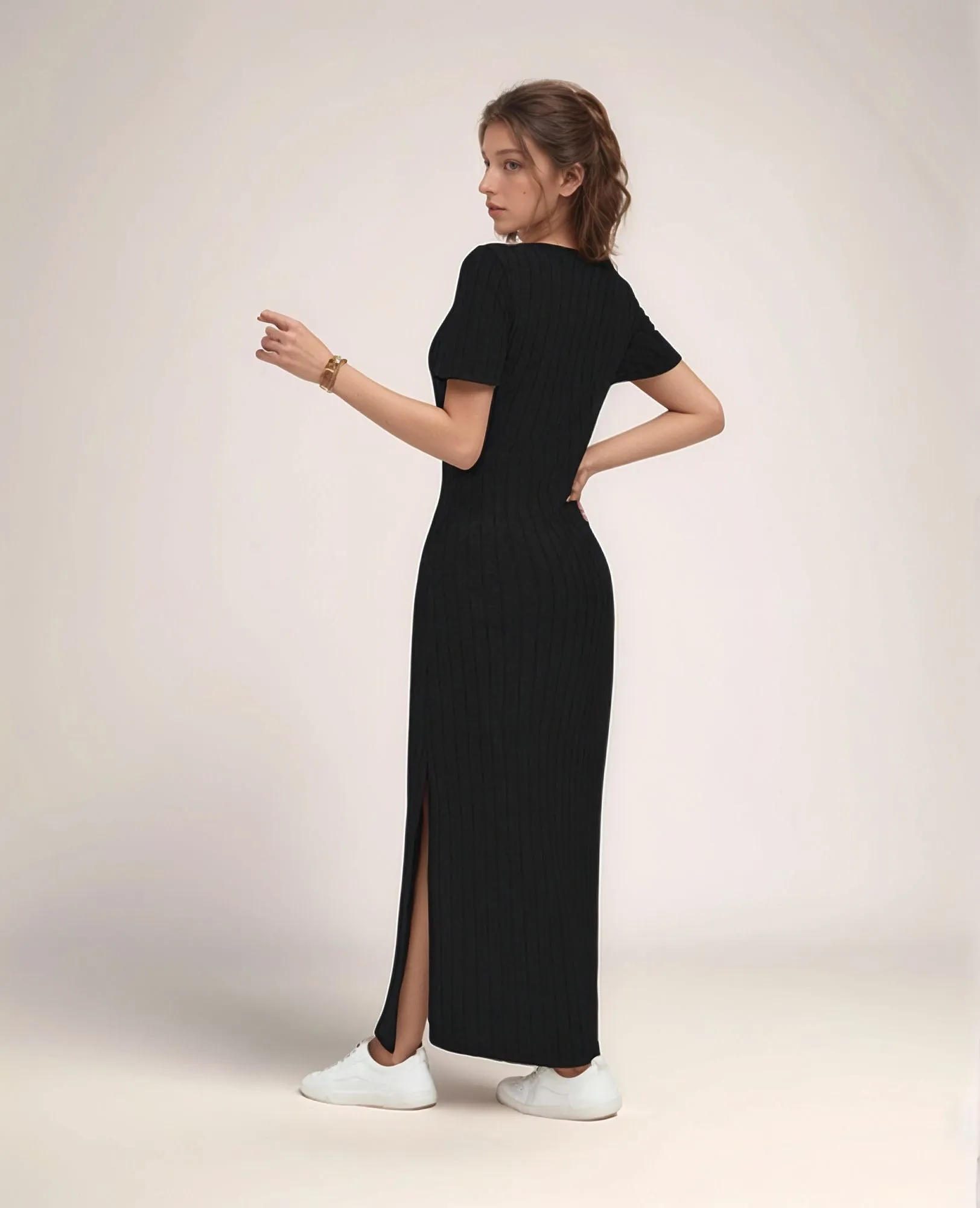 Black Jersey High Slit Dress