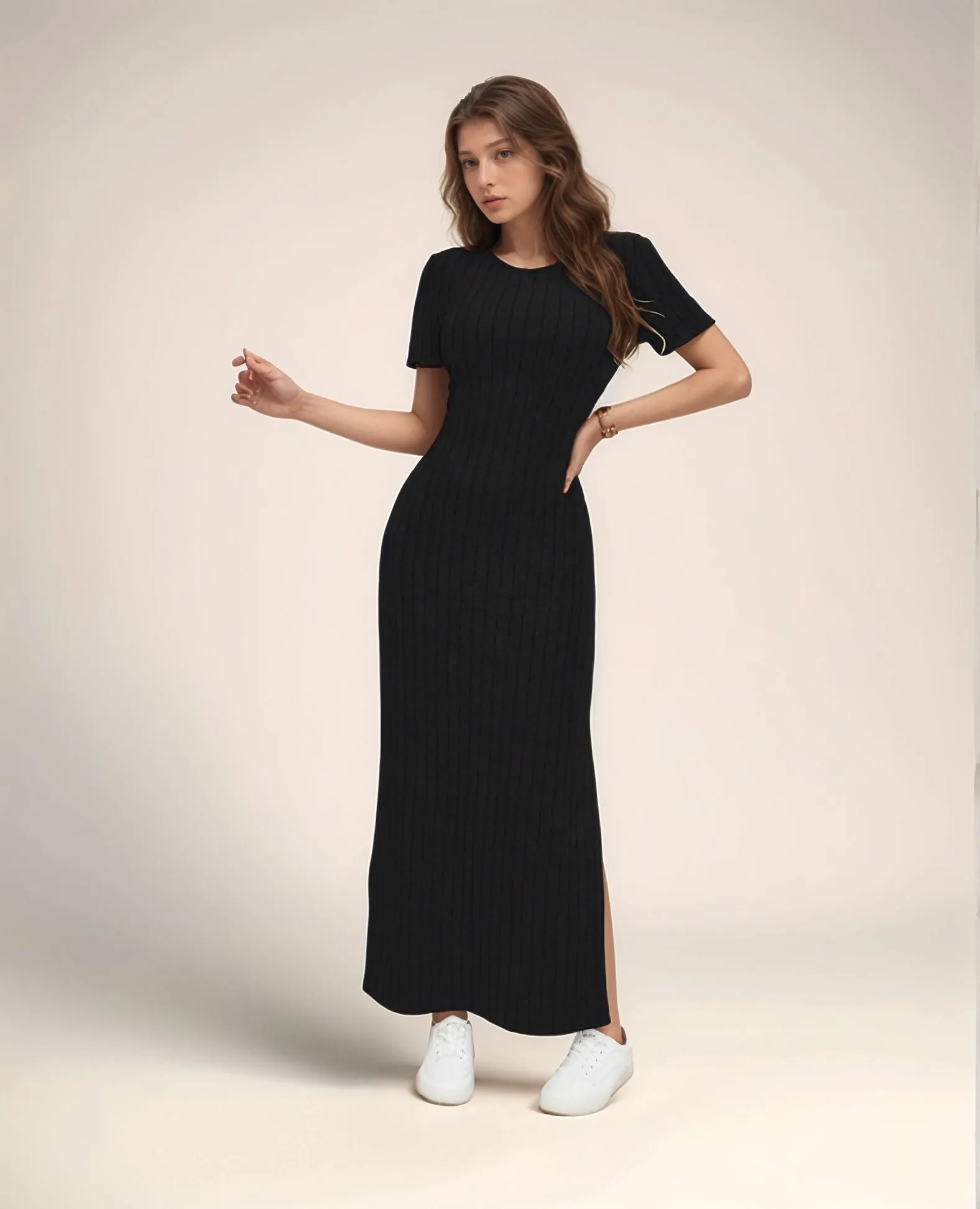 Black Jersey High Slit Dress
