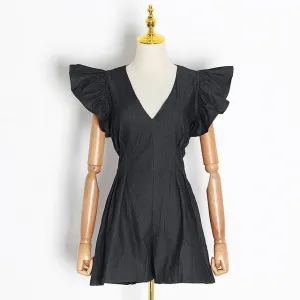 Black Jumpsuits For Women V Neck Ruffle Sleeve High Waist