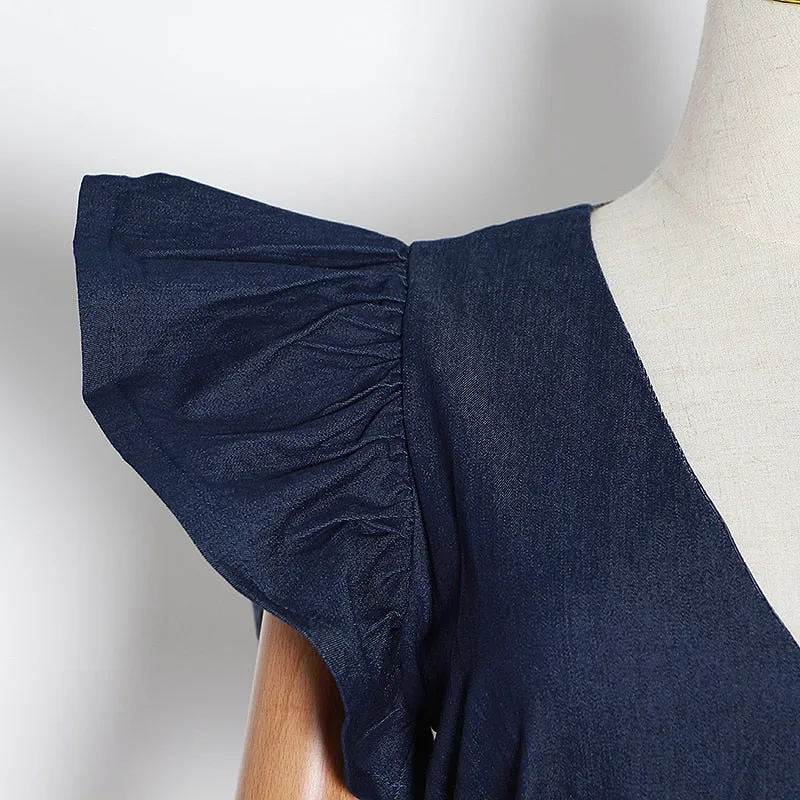 Black Jumpsuits For Women V Neck Ruffle Sleeve High Waist