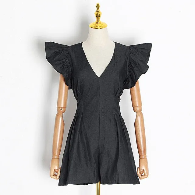 Black Jumpsuits For Women V Neck Ruffle Sleeve High Waist