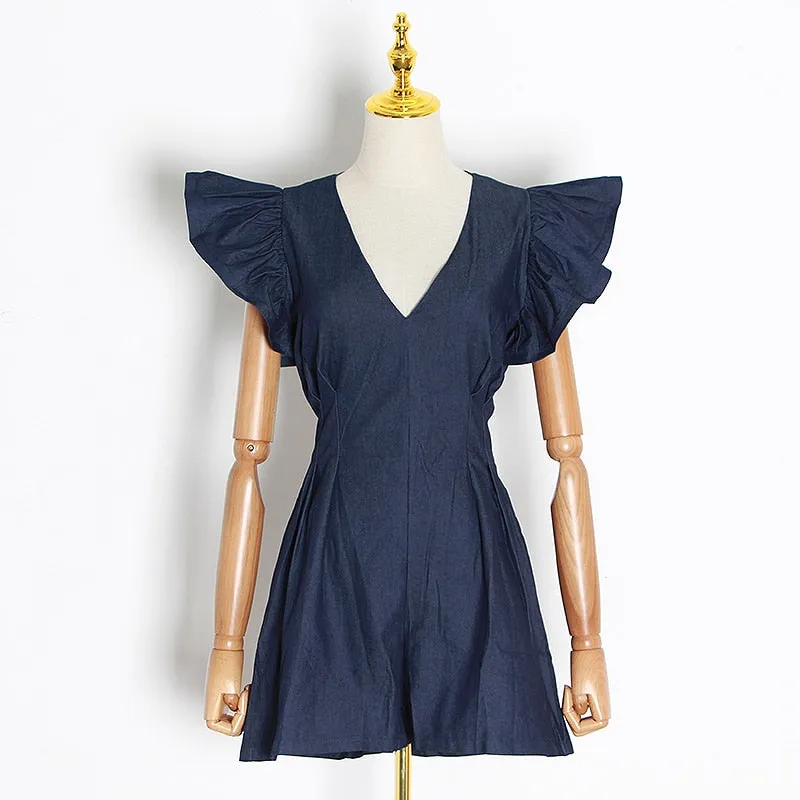 Black Jumpsuits For Women V Neck Ruffle Sleeve High Waist