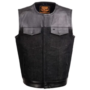 BLACK MDM3003 MEN'S 'BRUTE' CONCEALED SNAP BLACK DENIM AND BLACK LEATHER CLUB STYLE VEST W/ HIDDEN ZIPPER