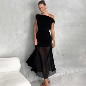 Black Off-Shoulder Sheer Maxi Dress