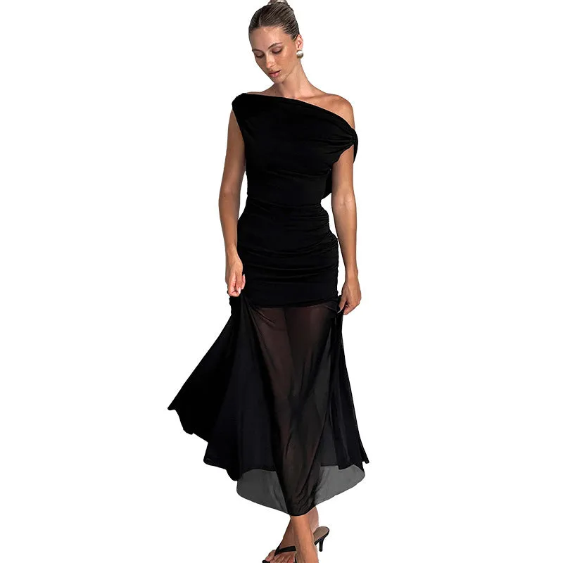 Black Off-Shoulder Sheer Maxi Dress