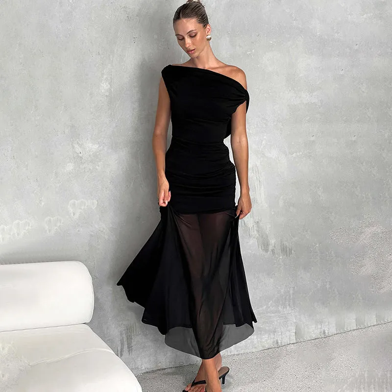 Black Off-Shoulder Sheer Maxi Dress