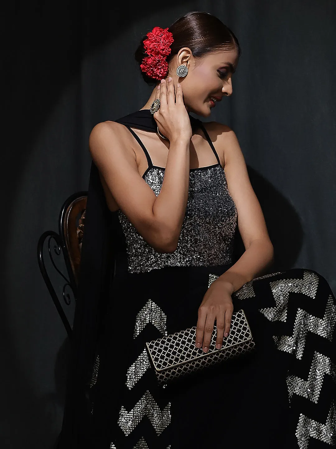 Black Sequin Pleated Maxi Dress With Dupatta