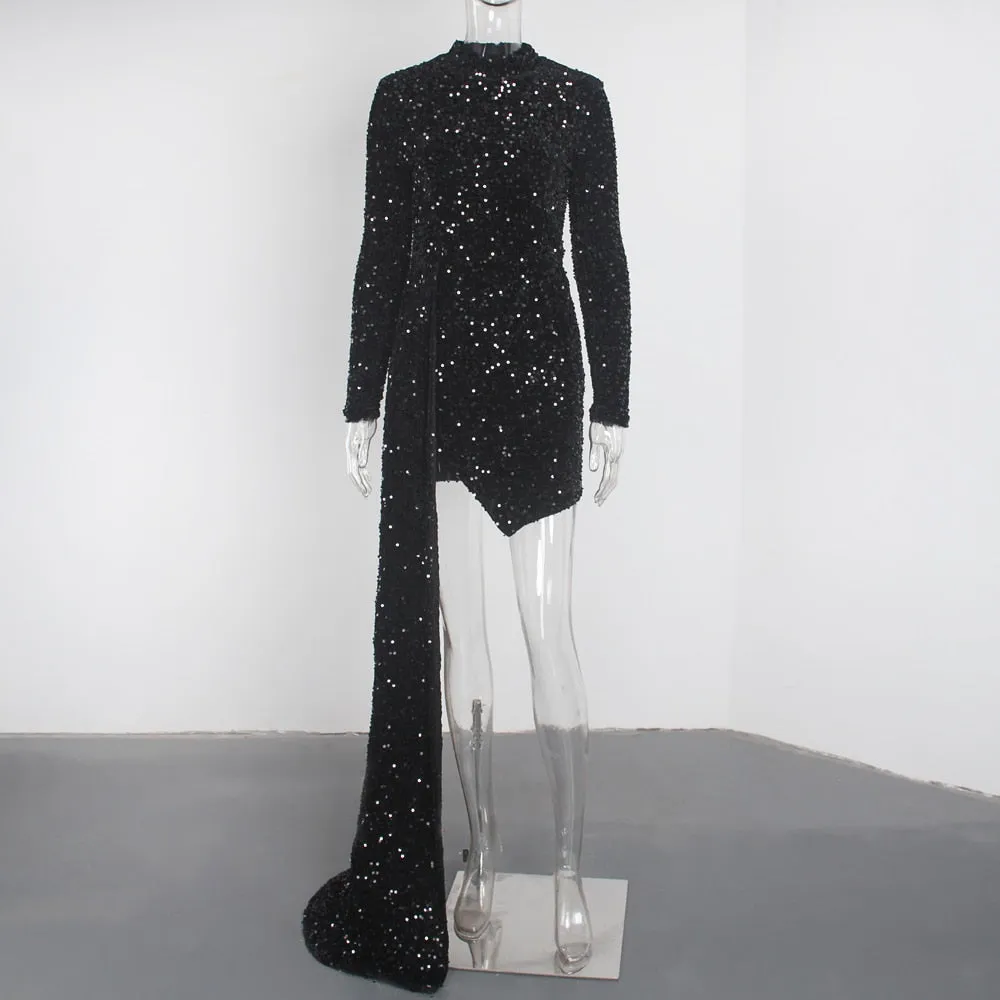 Blue Long Sleeve Train Cut Stretch Sequin Evening Dress