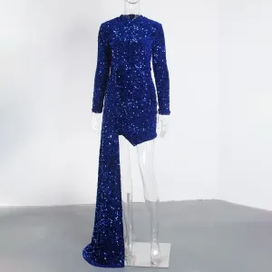 Blue Long Sleeve Train Cut Stretch Sequin Evening Dress