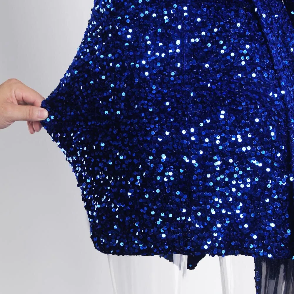Blue Long Sleeve Train Cut Stretch Sequin Evening Dress