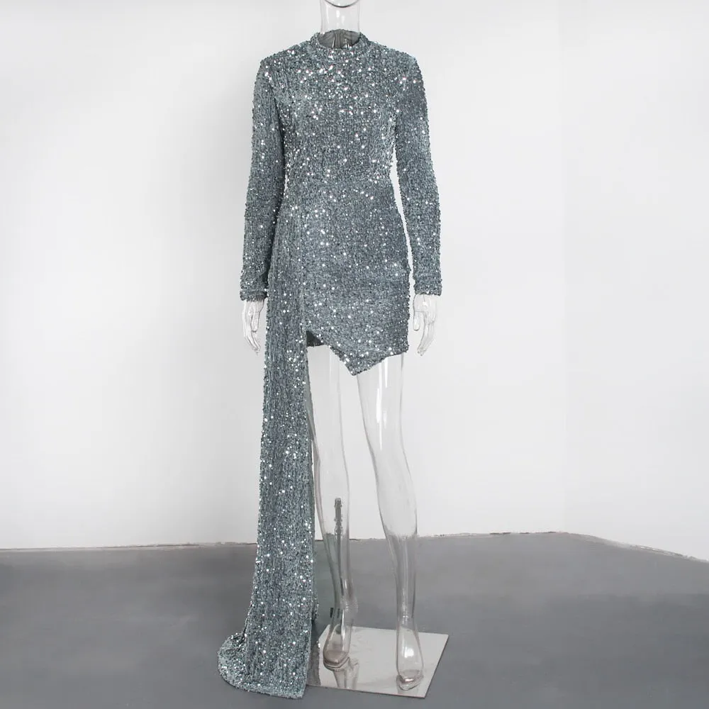 Blue Long Sleeve Train Cut Stretch Sequin Evening Dress