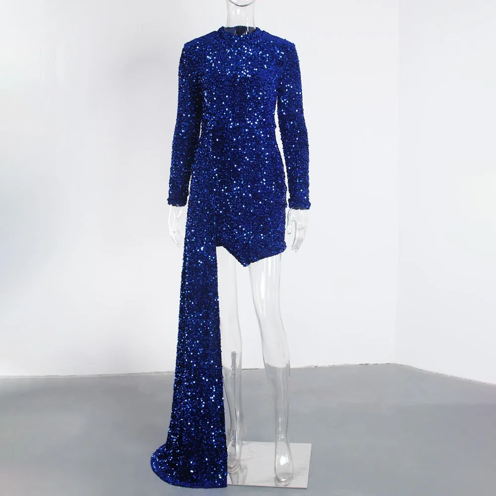 Blue Long Sleeve Train Cut Stretch Sequin Evening Dress