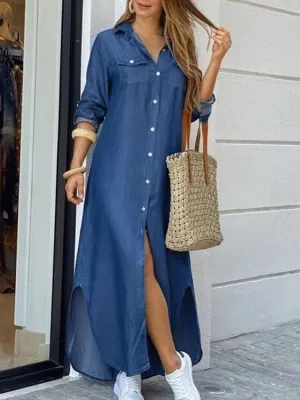 Blue Typographic Button Down Shirt Dress