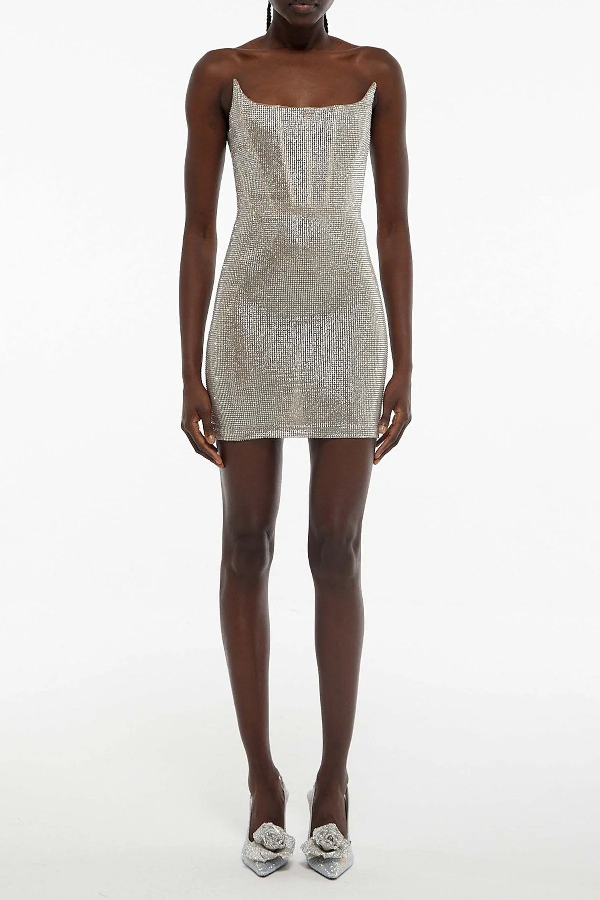 Bodice Mini Dress with Crystals in Silver