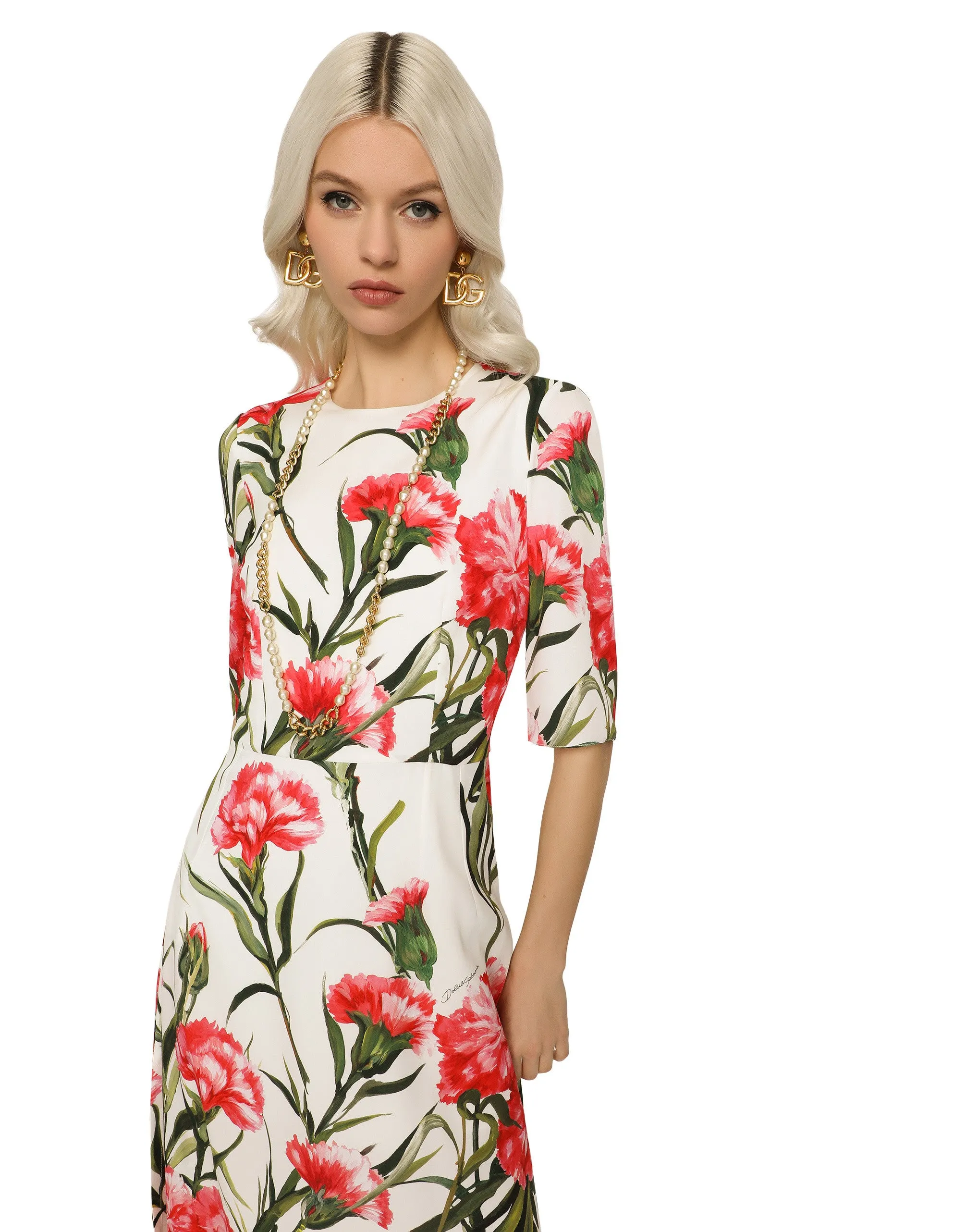 Carnation-print charmeuse midi dress
