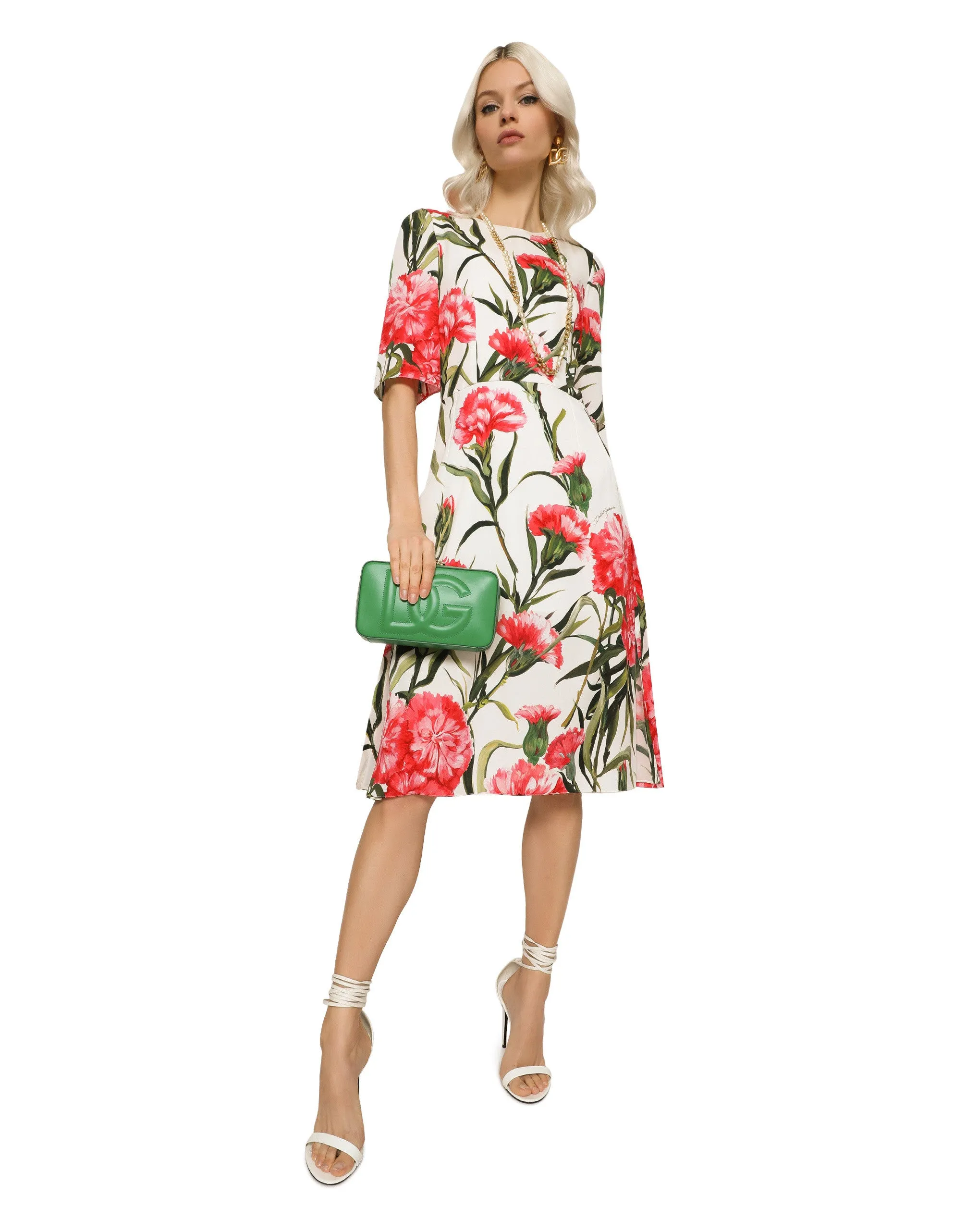Carnation-print charmeuse midi dress